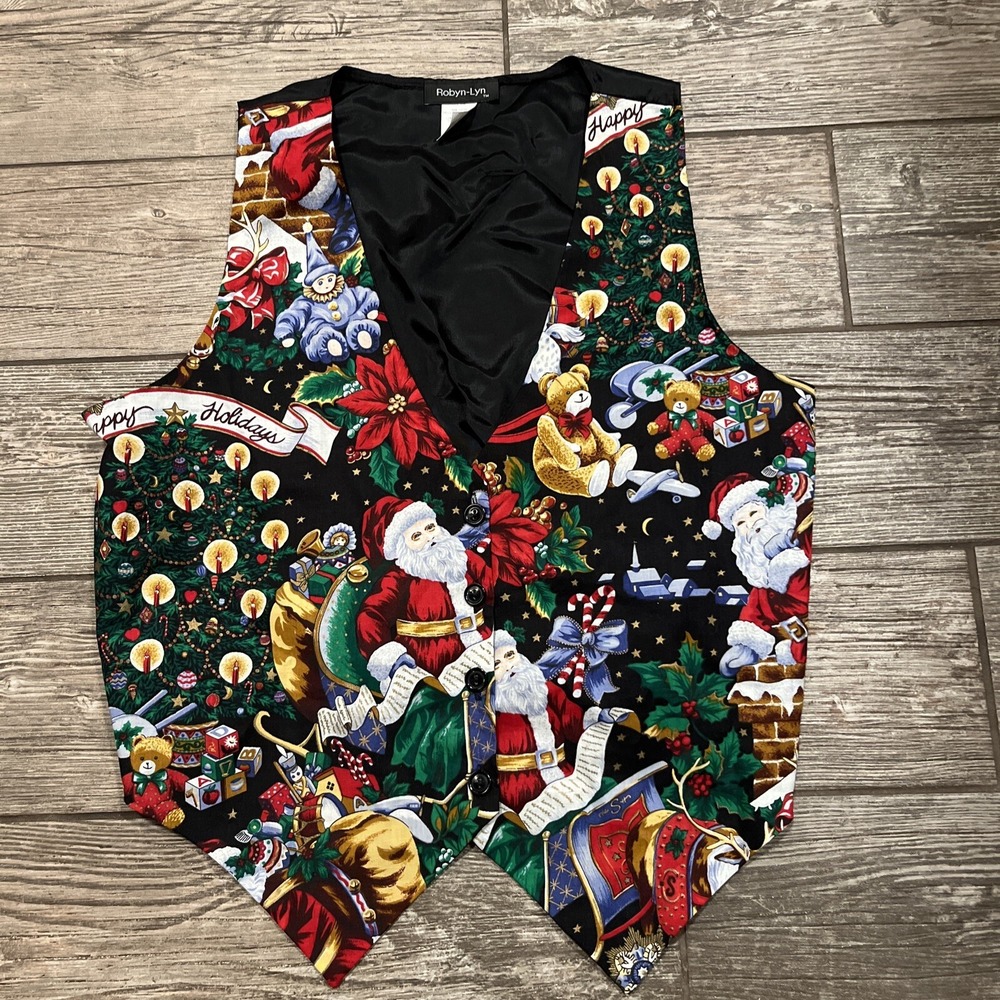 Vintage 80's Holiday Christmas Tree Santa Gifts Vest Size Medium Adjustable